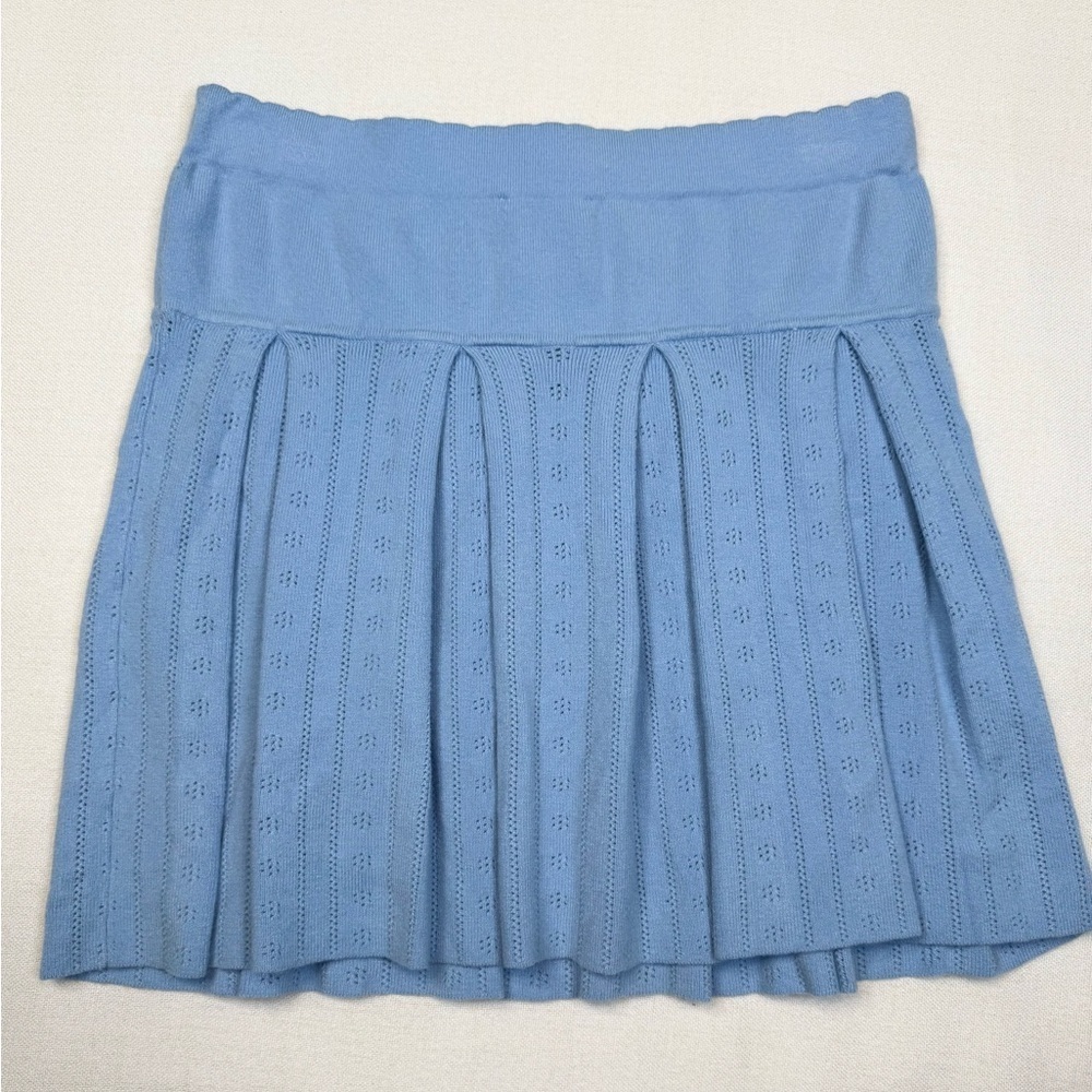 Hippie Rose Skirt Womens Size L Light Blue Pointelle Knit Pleated Mini